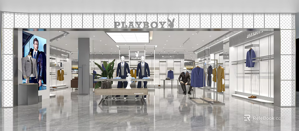 PLAYBOY Clothing Store Modern Interior With Mannequins In Suits And Display Racks 3d model 