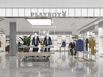 PLAYBOY Clothing Store Modern Interior With Mannequins In Suits And Display Racks 3d model
