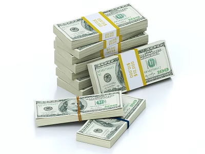 Realistic US Dollar Bill Decorative Ornament Set with Stacked Bundles and Scattered Bills 3d model