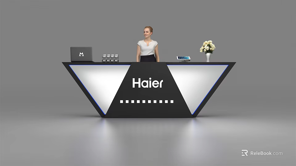 Modern Haier Reception Desk With Receptionist Laptop Phone And Flower Vase 3d model 