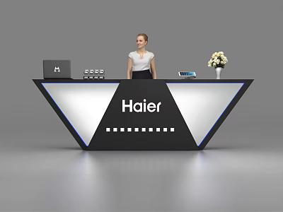 Modern Haier Reception Desk With Receptionist Laptop Phone And Flower Vase 3d model