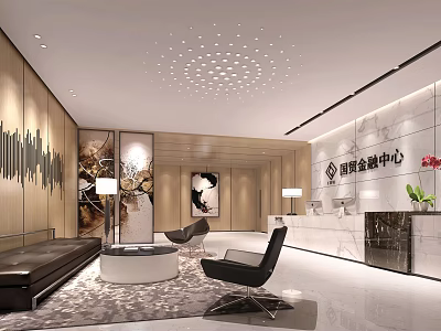 Modern Luxurious Reception Area in Guomao Financial Center With Marble Desk Seating and Ceiling Design 3d model