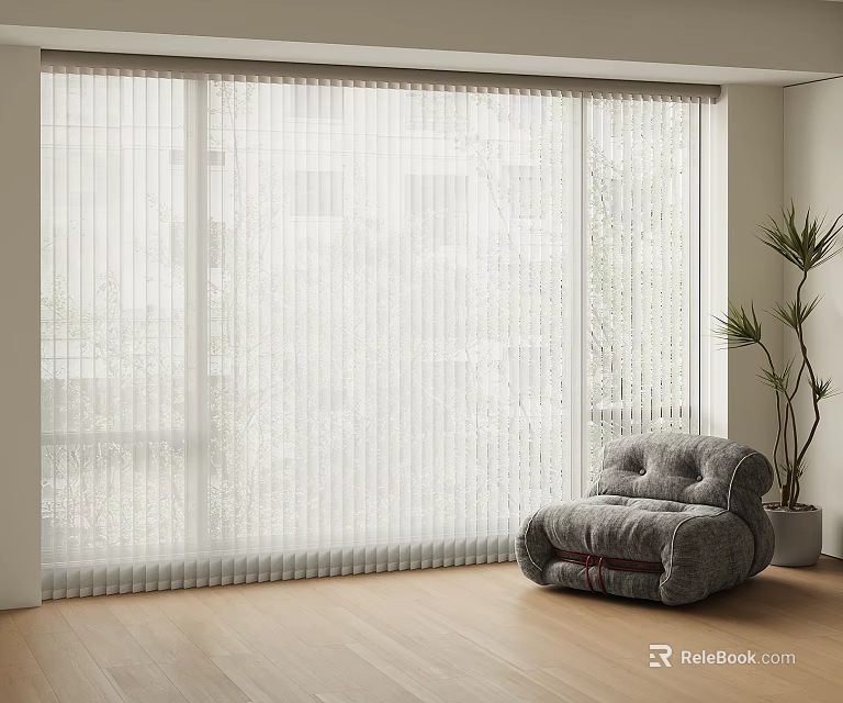 White Sheer Curtains Covering Large Window With Gray Armchair And Potted Plant 3d model 