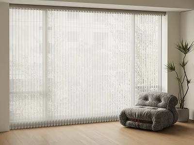 White Sheer Curtains Covering Large Window With Gray Armchair And Potted Plant 3d model