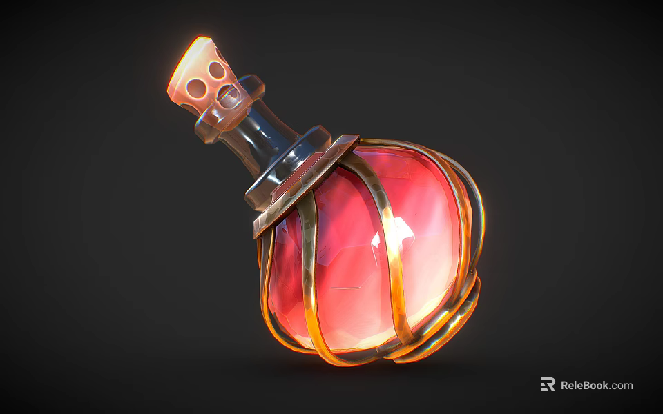 Fantasy Magic Potion Bottle With Red Glowing Spherical Body And Golden Decorative Frame 3d model 