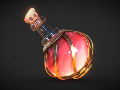 Fantasy Magic Potion Bottle With Red Glowing Spherical Body And Golden Decorative Frame 3d model