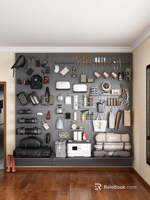 Wall Mounted Pegboard Organizer with Hanging Tools Bags and Accessories for Home Storage 3d model 