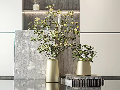 Elegant Golden Vases With Green Plants Placed on Books in Modern Interior 3d model