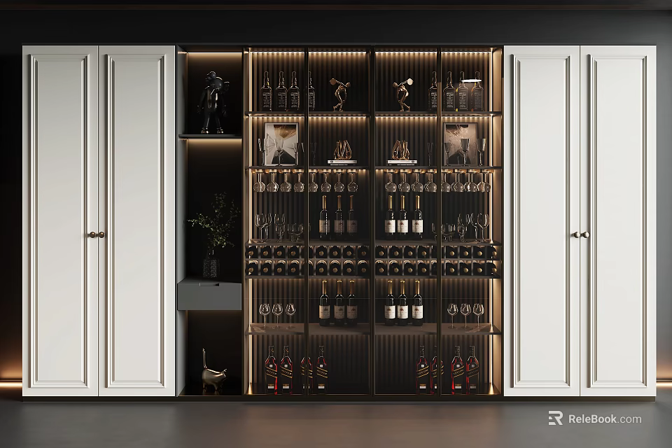 Modern Illuminated Wine Cabinet With Glass Door Wine Bottles Glasses And Decorative Items 3d model 