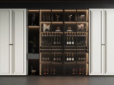 Modern Illuminated Wine Cabinet With Glass Door Wine Bottles Glasses And Decorative Items 3d model