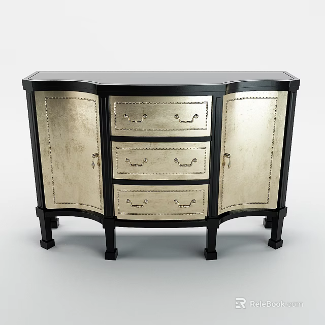 Elegant Modern Console Cabinet With Gold Panels Black Frame And Drawers 3d model 