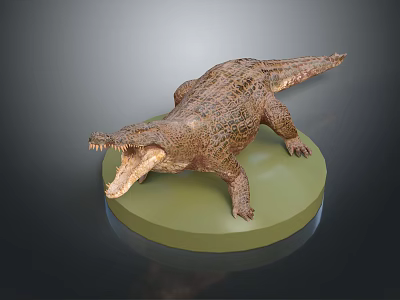 Realistic Detailed Crocodile Model With Open Mouth On Green Circular Base 3d model