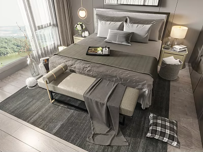 Modern Double Bed Interior With Bedside Tables Lamps Pillows Bench And Window Curtains 3d model