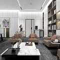 Modern Office Interior With Sofas Coffee Table Bookshelves And Landscape Painting 3d model