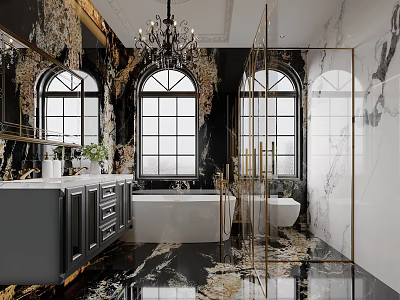 Luxury Marble Bathroom Interior Design With Crystal Chandelier White Bathtub And Gold Glass Shower Enclosure 3d model