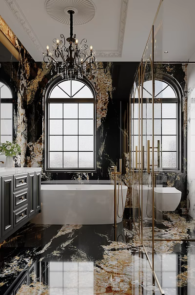 Luxury Marble Bathroom Interior Design With Crystal Chandelier White Bathtub And Gold Glass Shower Enclosure 3d model