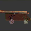 Old Fashioned Brass Cannon On Red Wooden Carriage With Decorative Wheels