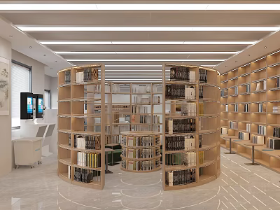 Book Art Inspired Modern Library Interior With Circular Wooden Bookshelves And Books 3d model