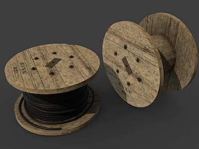 Vintage Wooden Cable Reels With Black Cables And Wooden Spools Placed Flat And Sideways 3d model