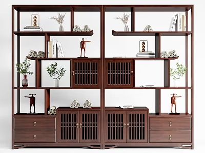 Traditional Chinese Wooden Etagere with Multiple Compartments Drawers Decorative Books Plants and Statues 3d model