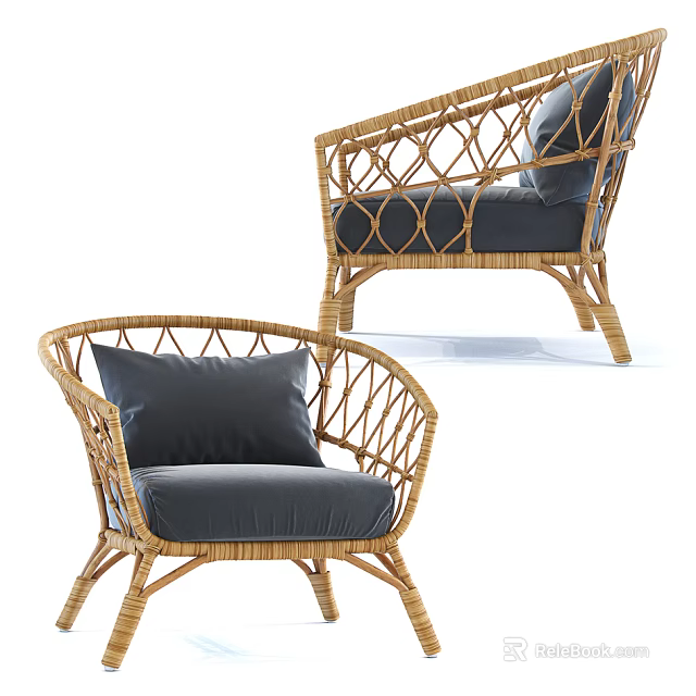 Elegant Rattan Single Sofa With Dark Cushion And Modern Woven Design 3d model 