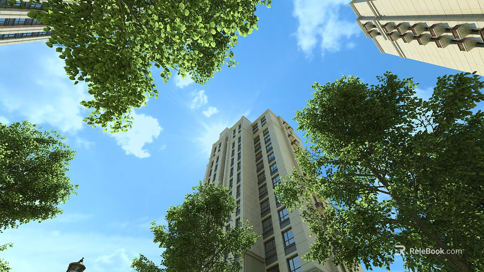 High Rise Residential Building Surrounded by Lush Green Trees Under Clear Blue Sky With Sunlight 3d model 