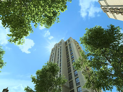 High Rise Residential Building Surrounded by Lush Green Trees Under Clear Blue Sky With Sunlight 3d model