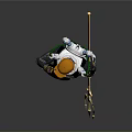Fantasy Armored Character Standing Beside Steam Train With Trident And Hat