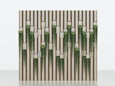 Modern Landscape Wall Design With Vertical Wooden Slats And Hanging Green Plants 3d model