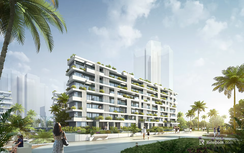 Modern Townhouses Exterior With Balconies Palm Trees Lush Greenery And Urban Setting 3d model 