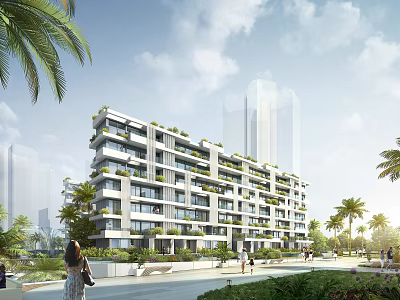 Modern Townhouses Exterior With Balconies Palm Trees Lush Greenery And Urban Setting 3d model