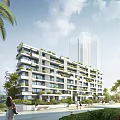 Modern Townhouses Exterior With Balconies Palm Trees Lush Greenery And Urban Setting
