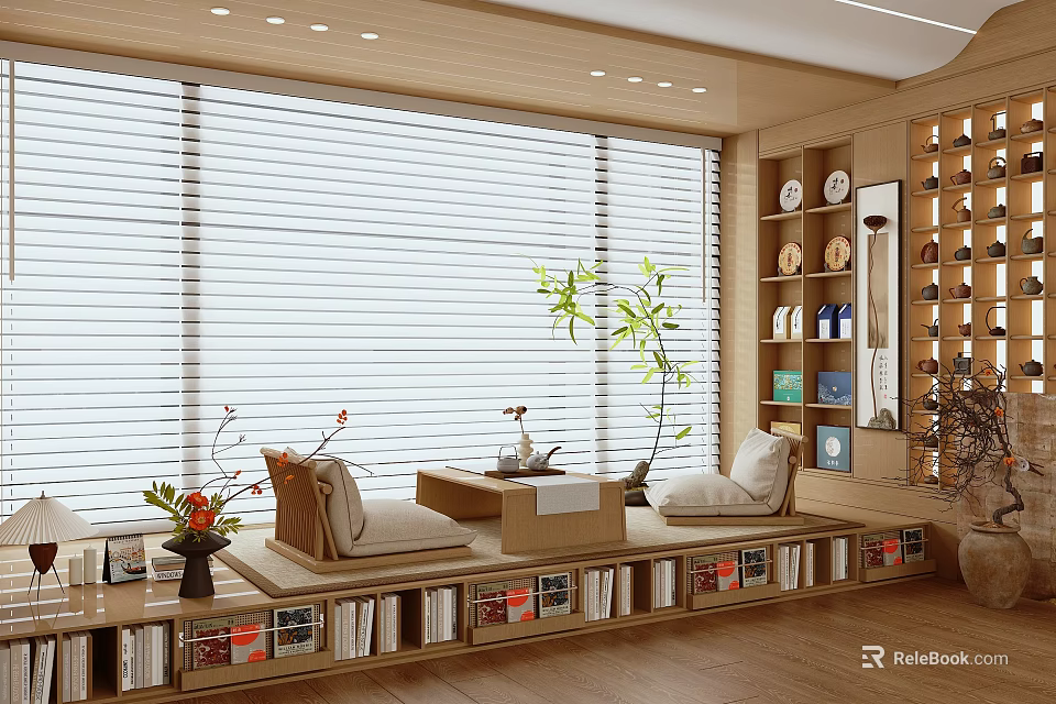 Cozy Tea Room Interior Featuring Wooden Structure Window Blinds Window Seats Bookshelves And Green Plants 3d model 