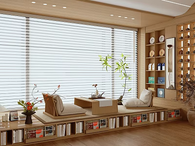 Cozy Tea Room Interior Featuring Wooden Structure Window Blinds Window Seats Bookshelves And Green Plants 3d model