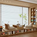 Cozy Tea Room Interior Featuring Wooden Structure Window Blinds Window Seats Bookshelves And Green Plants