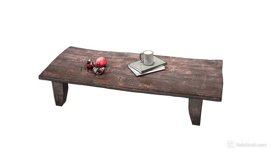 Rustic Wooden Coffee Table With Fresh Apple Mug And Stacked Books On Surface 3d model