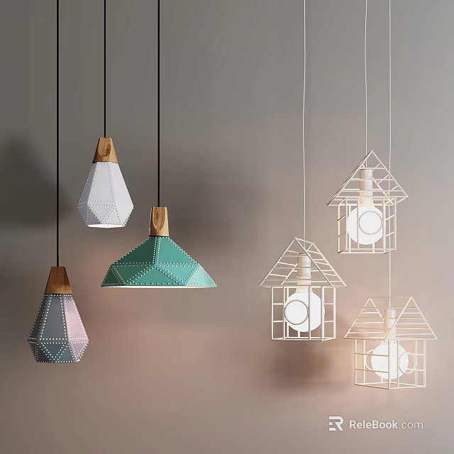 Modern Geometric Pendant Lights With Wooden Bases And Colorful Metal Frames For Home Decor 3d model 