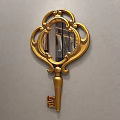 Golden Key Shaped Decorative Mirror With Ornate Frame Hanging On Gray Wall