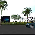 Woman Walking By City Park Screen With Palm Trees Heart Decoration Blue Car Green Plants