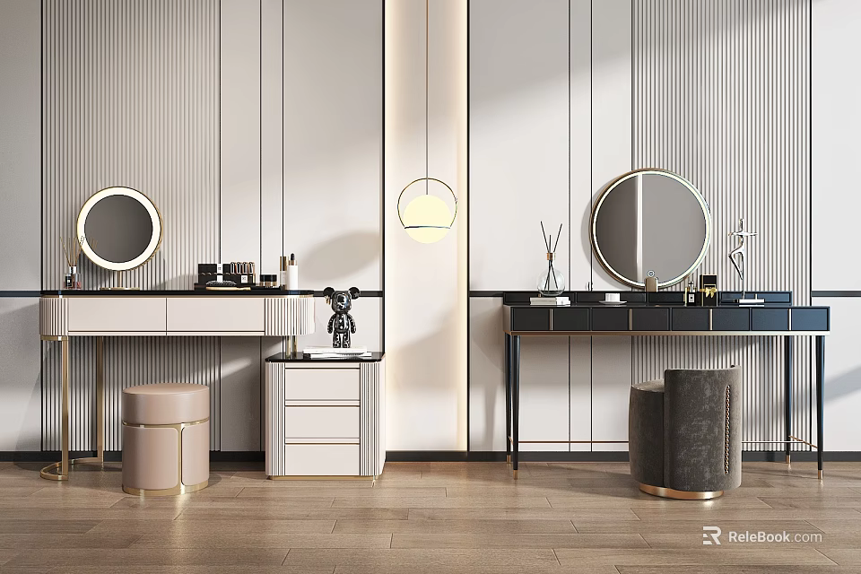 Modern Dressing Table With Round Mirrors Upholstered Stools Metal Frames And Pendant Lighting 3d model