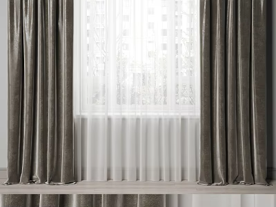 Double Layer Velvet Curtains With Sheer Panels And Natural Light For Window Interior 3d model