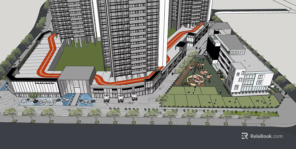 Urban Commercial Complex with High Rise Buildings Landscaped Plaza Greenery and Parking Vehicles 3d model 