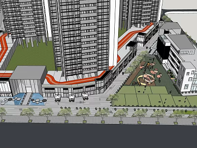 Urban Commercial Complex with High Rise Buildings Landscaped Plaza Greenery and Parking Vehicles 3d model