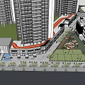 Urban Commercial Complex with High Rise Buildings Landscaped Plaza Greenery and Parking Vehicles