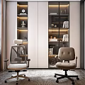 Modern Study Room Interior With Wooden Desk Ergonomic Chairs Glass Bookshelves And Decorative Figurines