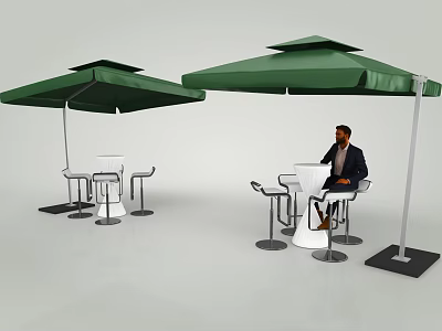 Outdoor Bar Counter With Green Umbrellas White Tables Chairs And Man On Phone 3d model