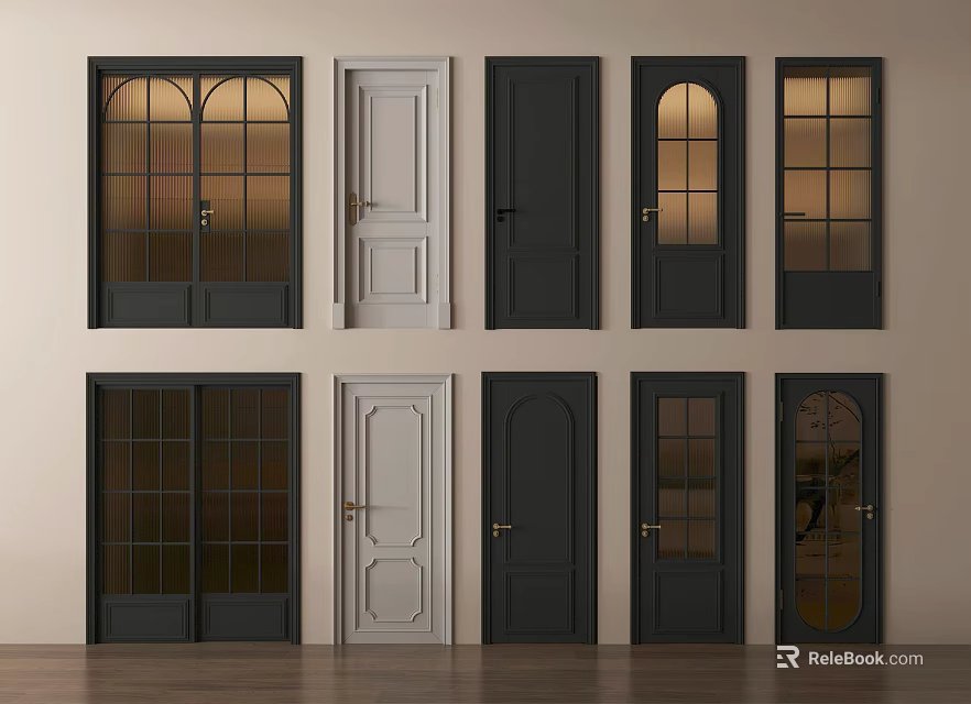 Various Hinged Doors with Different Colors Glass Panels and Arched Window Styles 3d model 