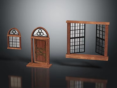Wooden Decorative Door and Windows with Arched Top Grid and Metal Accents 3d model