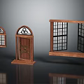 Wooden Decorative Door and Windows with Arched Top Grid and Metal Accents