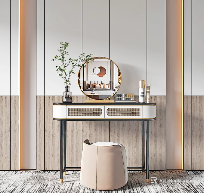 Elegant Dressing Table With Round Mirror Green Plant Cosmetic Containers Drawers And Stool 3d model 